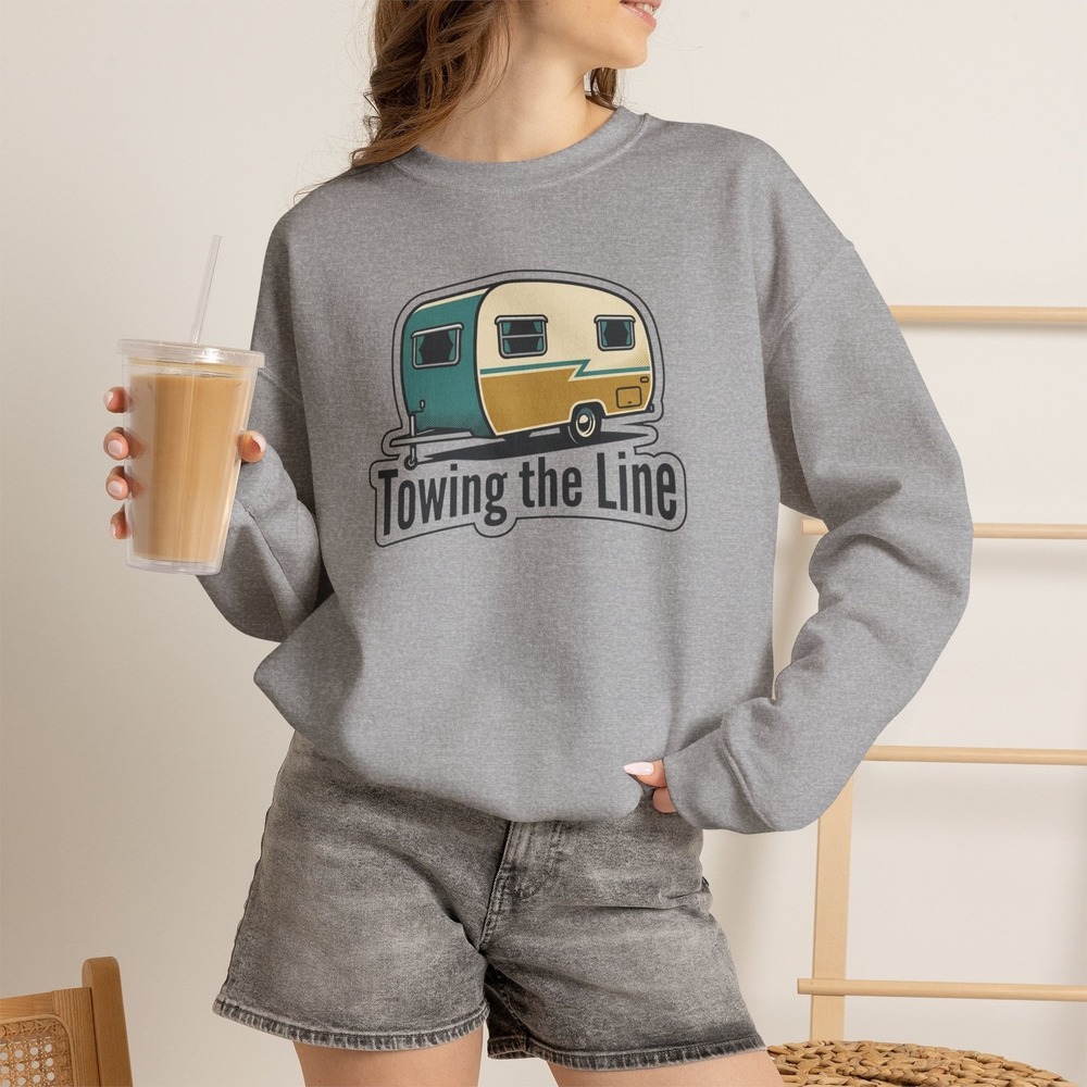 Three Dog Acres Towing the Line Camper Crewneck Sweatshirt Retro RV Camping Gray